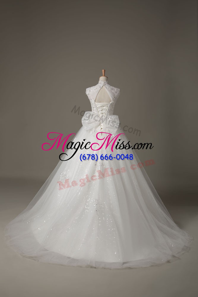 wholesale vintage white ball gowns beading and lace and bowknot wedding dress lace up tulle sleeveless
