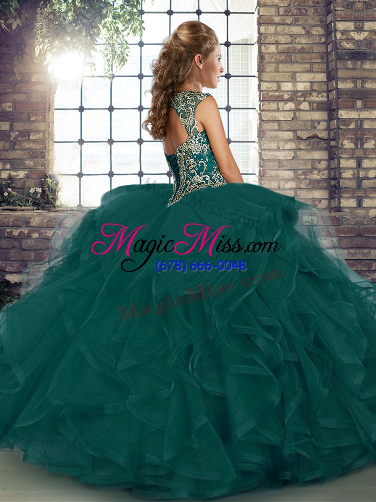 wholesale fantastic green tulle lace up straps sleeveless floor length sweet 16 quinceanera dress beading and ruffles