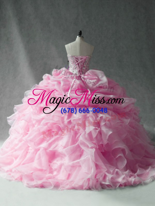 wholesale eye-catching baby pink ball gowns organza strapless sleeveless beading and ruffles and pick ups lace up quince ball gowns brush train