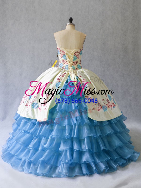 wholesale custom fit blue and white lace up sweetheart embroidery and ruffled layers quinceanera gowns satin and organza sleeveless