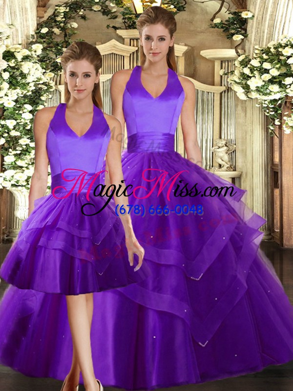 wholesale luxury purple three pieces tulle halter top sleeveless ruffles floor length lace up sweet 16 dresses