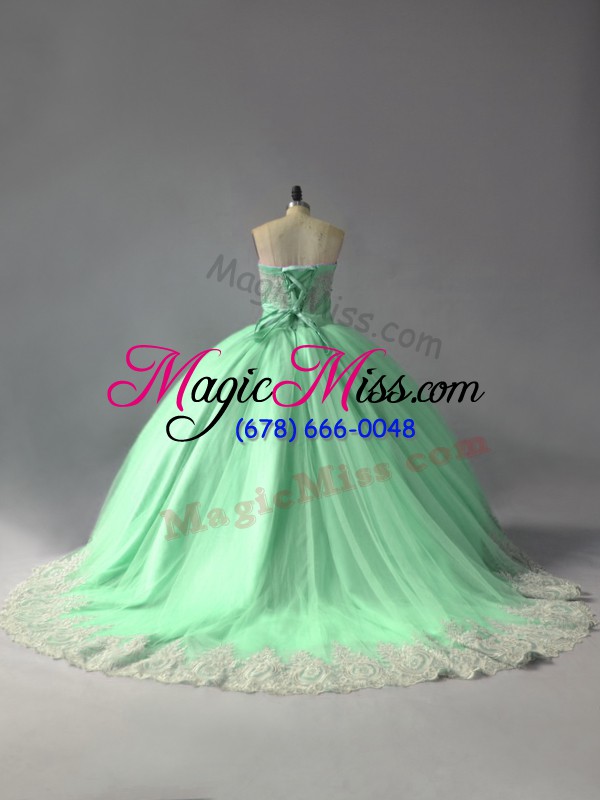 wholesale elegant sweetheart sleeveless tulle ball gown prom dress appliques court train lace up