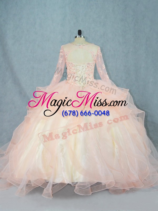 wholesale classical peach long sleeves beading and ruffles floor length quinceanera dress