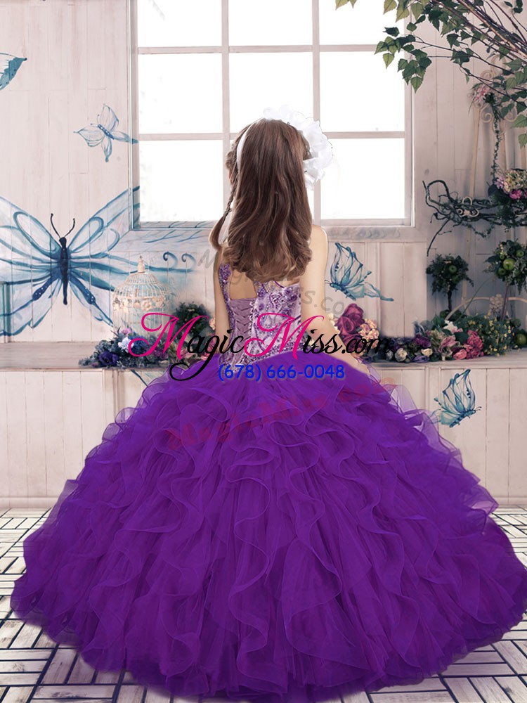 wholesale fuchsia high-neck lace up beading and ruffles girls pageant dresses sleeveless