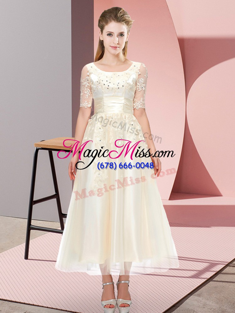 wholesale affordable scoop short sleeves wedding party dress tea length beading and lace champagne tulle