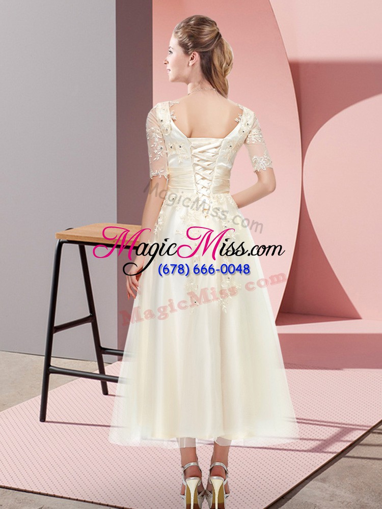 wholesale affordable scoop short sleeves wedding party dress tea length beading and lace champagne tulle