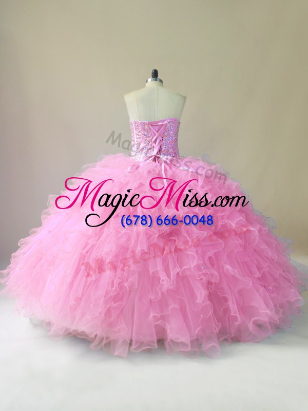wholesale stylish floor length baby pink sweet 16 dress tulle sleeveless beading and ruffles