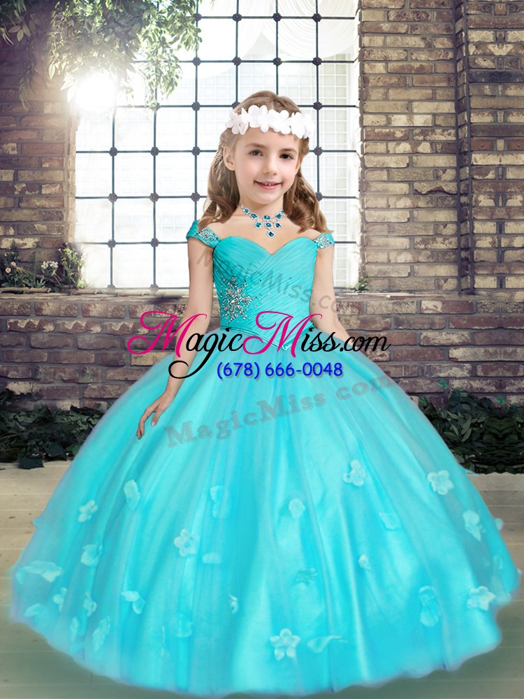 wholesale aqua blue lace up little girls pageant dress wholesale beading and hand made flower sleeveless floor length