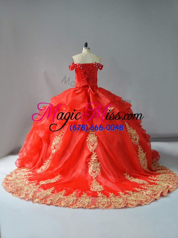 wholesale amazing off the shoulder sleeveless court train lace up 15th birthday dress red organza