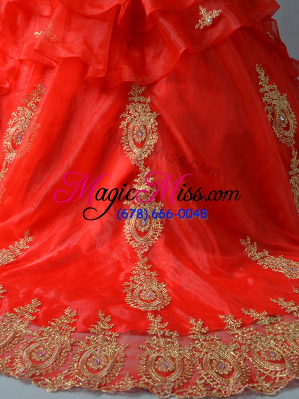 wholesale amazing off the shoulder sleeveless court train lace up 15th birthday dress red organza
