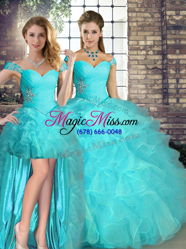 wholesale latest off the shoulder sleeveless quinceanera gown floor length beading and ruffles aqua blue organza