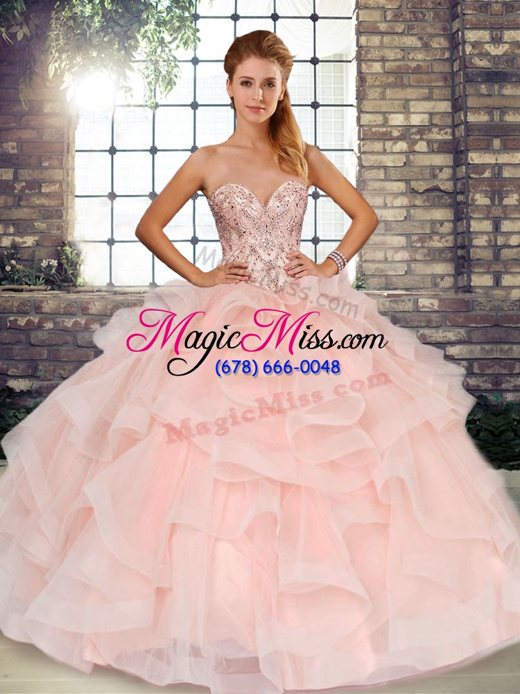wholesale fantastic baby pink ball gowns sweetheart sleeveless tulle floor length lace up beading and ruffles vestidos de quinceanera