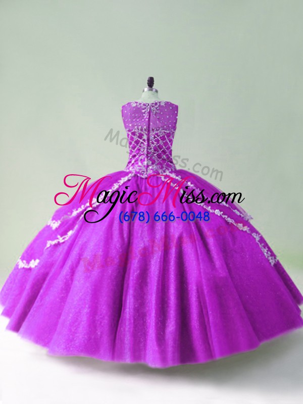 wholesale scoop sleeveless quinceanera dresses floor length beading and appliques purple tulle