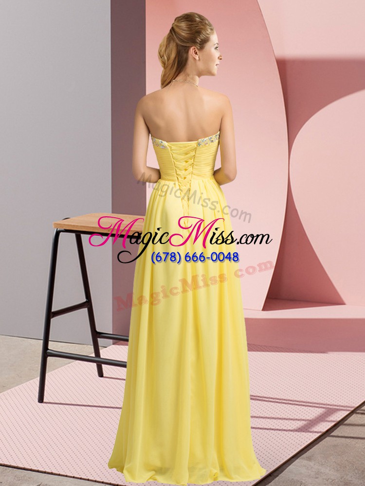 wholesale yellow chiffon lace up evening dress sleeveless floor length beading