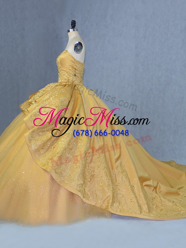 wholesale admirable sequined sweetheart court train lace up beading and appliques sweet 16 quinceanera dress in gold