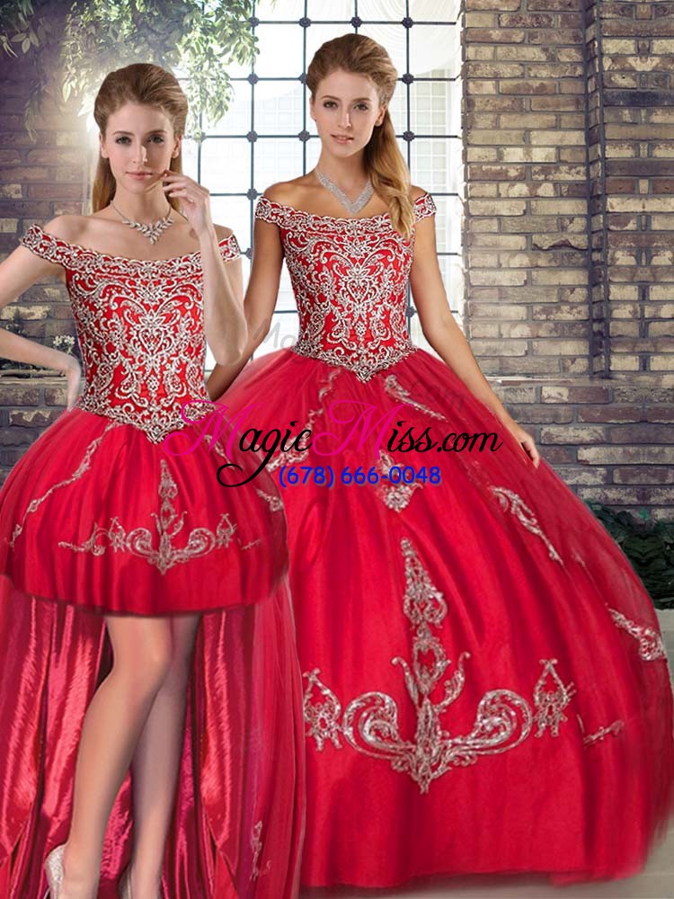 wholesale red three pieces tulle off the shoulder sleeveless beading and embroidery floor length lace up quince ball gowns