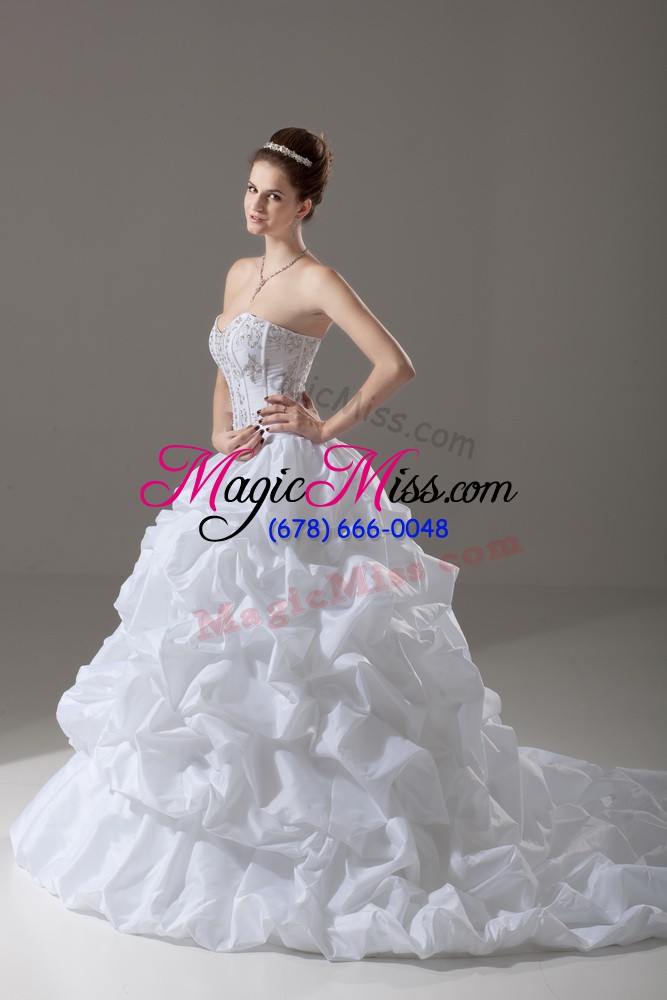 wholesale taffeta sweetheart sleeveless brush train lace up beading and pick ups wedding gowns in white