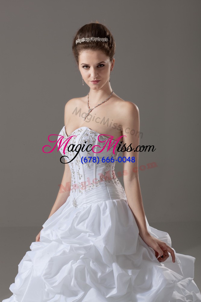 wholesale taffeta sweetheart sleeveless brush train lace up beading and pick ups wedding gowns in white