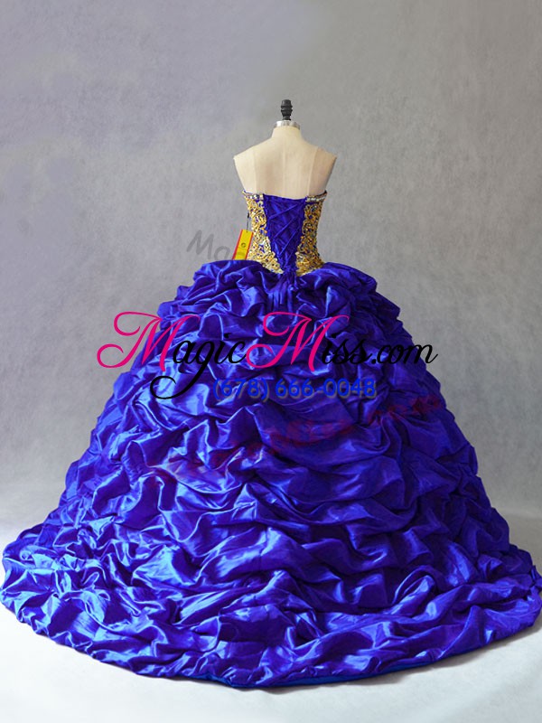 wholesale elegant royal blue lace up sweet 16 dress beading and pick ups sleeveless brush train