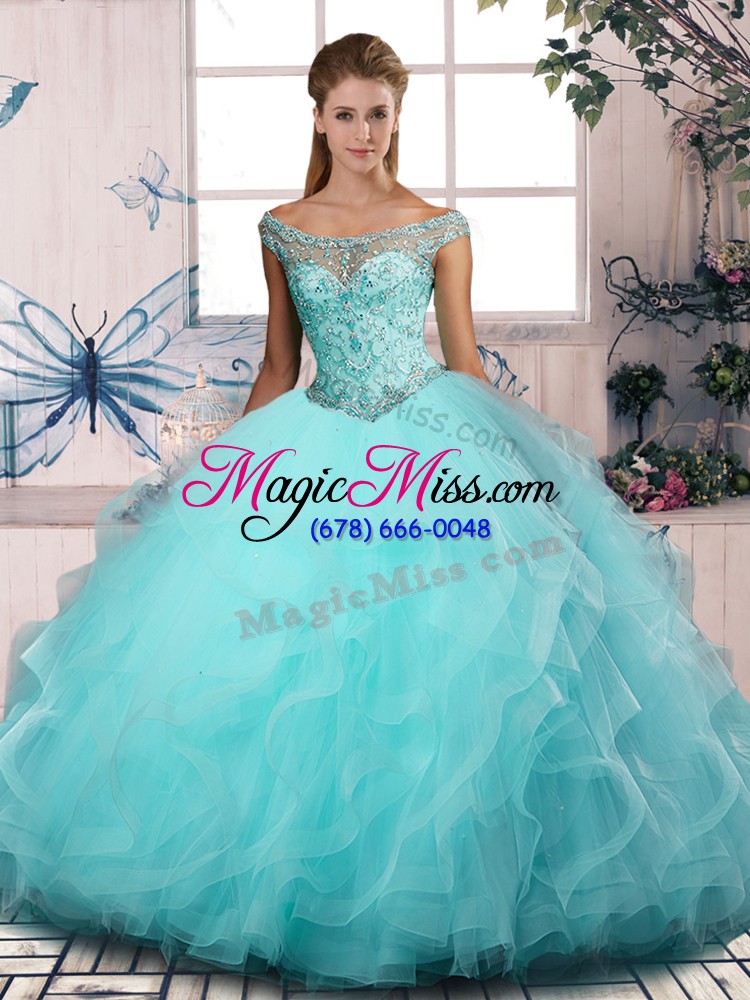 wholesale fantastic aqua blue ball gowns tulle off the shoulder sleeveless beading and ruffles floor length lace up quinceanera dresses