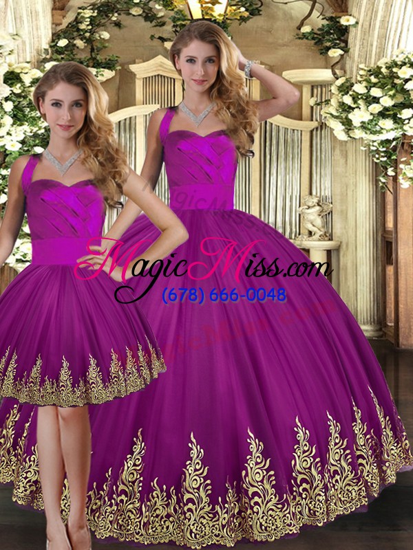 wholesale fuchsia lace up halter top embroidery sweet 16 quinceanera dress tulle sleeveless
