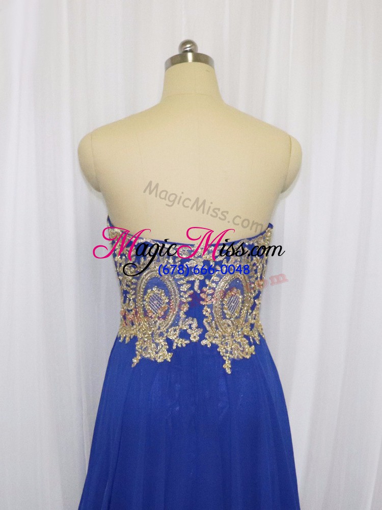 wholesale excellent royal blue sleeveless lace and appliques zipper prom dresses