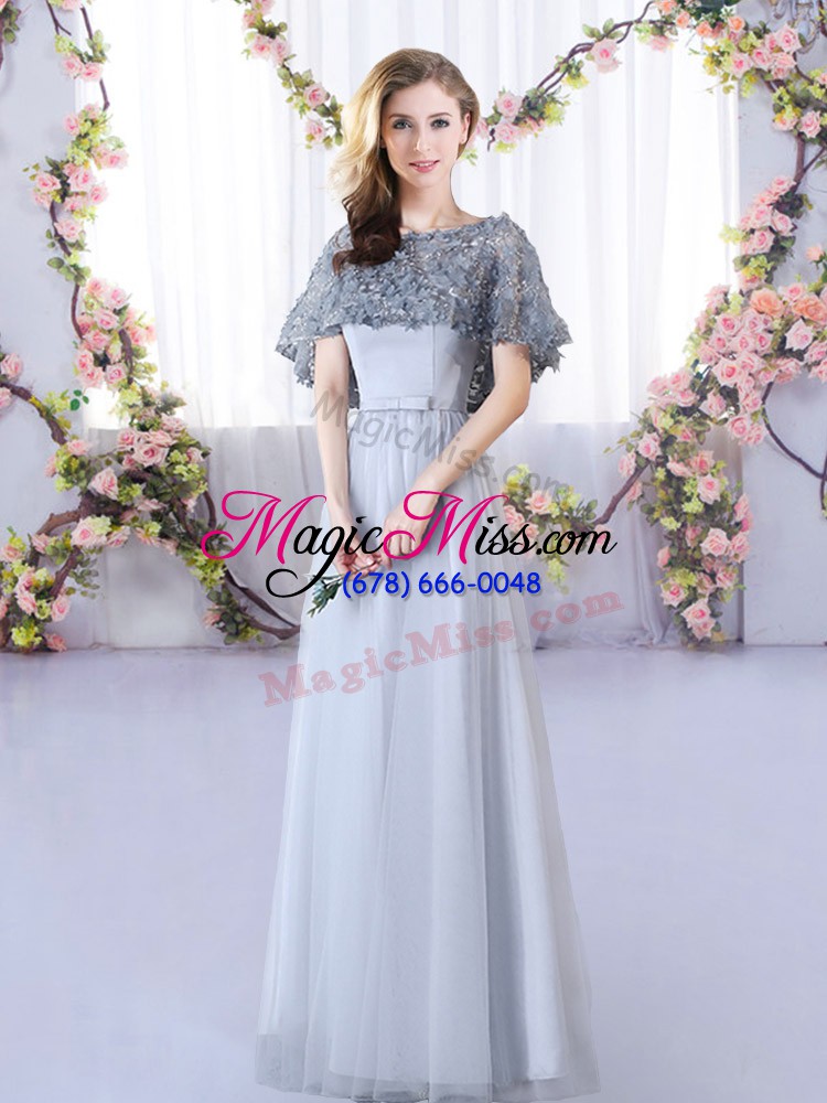 wholesale elegant floor length grey bridesmaid gown tulle sleeveless appliques