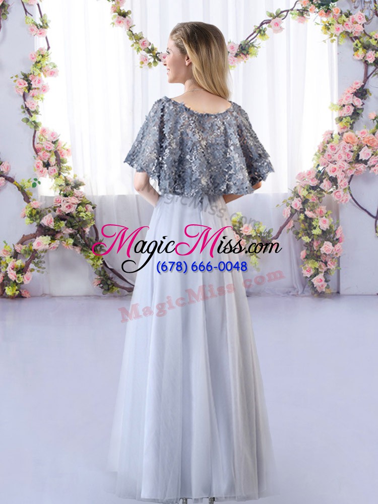 wholesale elegant floor length grey bridesmaid gown tulle sleeveless appliques