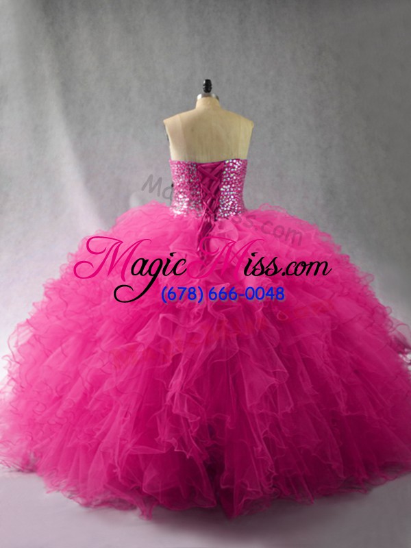 wholesale pretty fuchsia lace up quinceanera gowns beading and ruffles sleeveless floor length