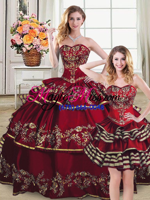 wholesale beauteous embroidery and ruffled layers ball gown prom dress wine red lace up sleeveless floor length