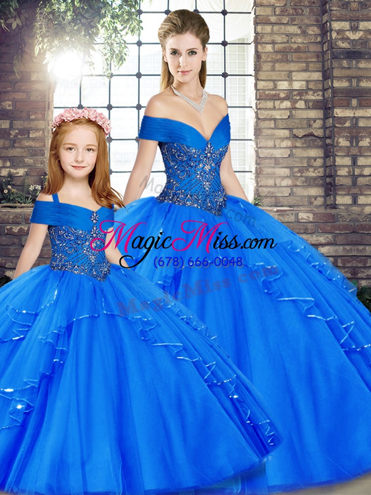 wholesale beading and ruffles quinceanera gown royal blue lace up sleeveless floor length