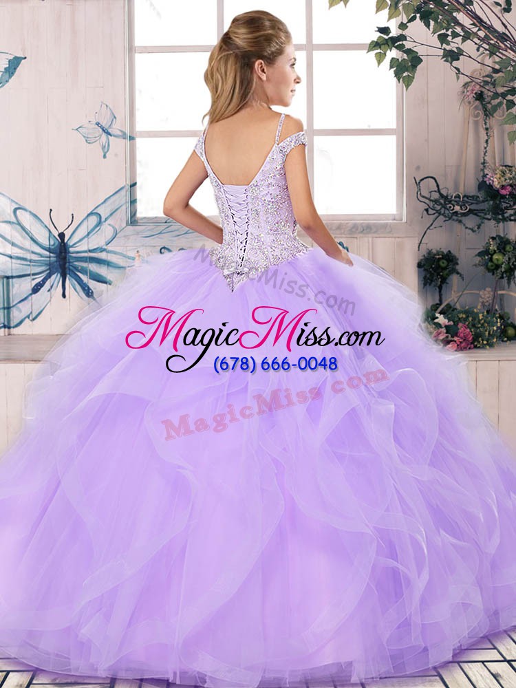 wholesale glittering purple ball gowns tulle off the shoulder sleeveless beading and ruffles floor length lace up 15 quinceanera dress