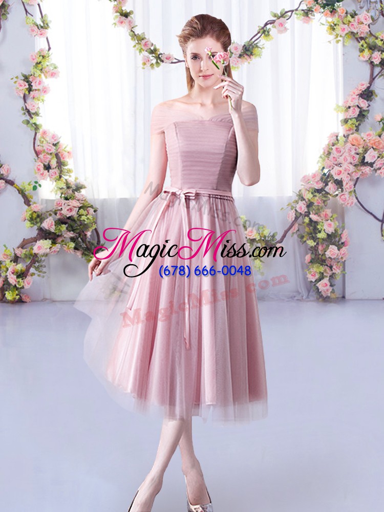 wholesale extravagant pink sleeveless tea length belt lace up wedding guest dresses