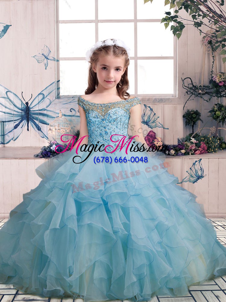 wholesale perfect beading and ruffles girls pageant dresses light blue lace up sleeveless floor length