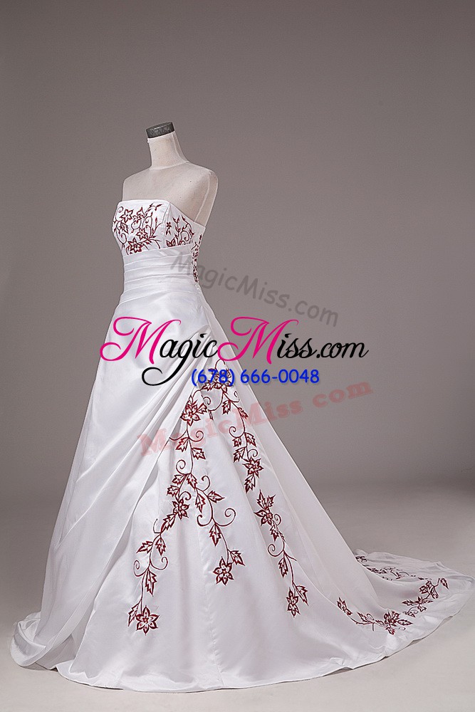 wholesale stunning satin sleeveless wedding gowns brush train and embroidery