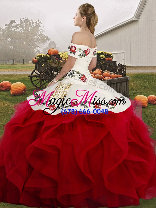 wholesale amazing green ball gowns off the shoulder sleeveless tulle floor length lace up embroidery and ruffles 15 quinceanera dress