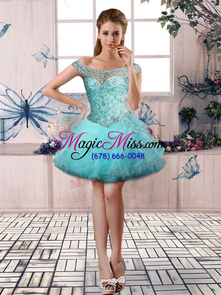 wholesale dazzling sleeveless tulle floor length lace up sweet 16 dresses in aqua blue with beading and ruffles