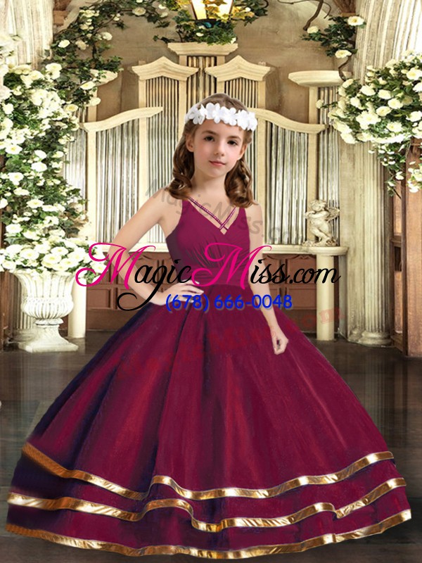 wholesale sleeveless floor length ruffled layers zipper child pageant dress with burgundy