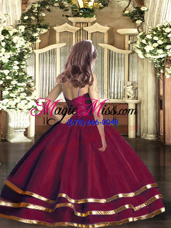 wholesale sleeveless floor length ruffled layers zipper child pageant dress with burgundy