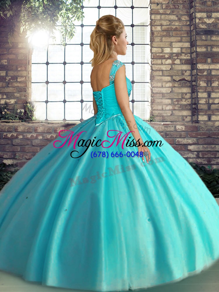 wholesale decent turquoise tulle lace up sweet 16 dress sleeveless floor length beading