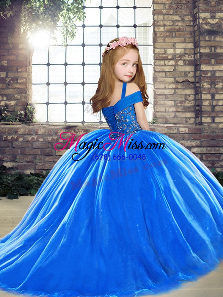 wholesale sleeveless brush train lace up little girl pageant dress in royal blue with beading