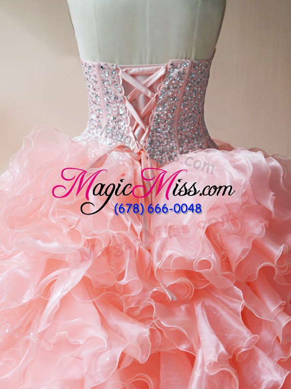wholesale beading and ruffles quinceanera gowns pink lace up sleeveless floor length