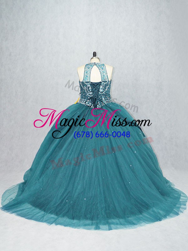 wholesale decent sleeveless beading lace up 15 quinceanera dress with teal brush train