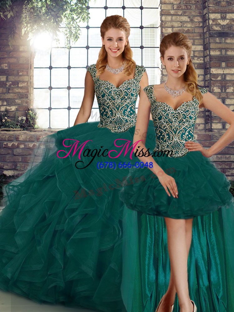 wholesale sleeveless floor length beading and ruffles lace up ball gown prom dress with peacock green