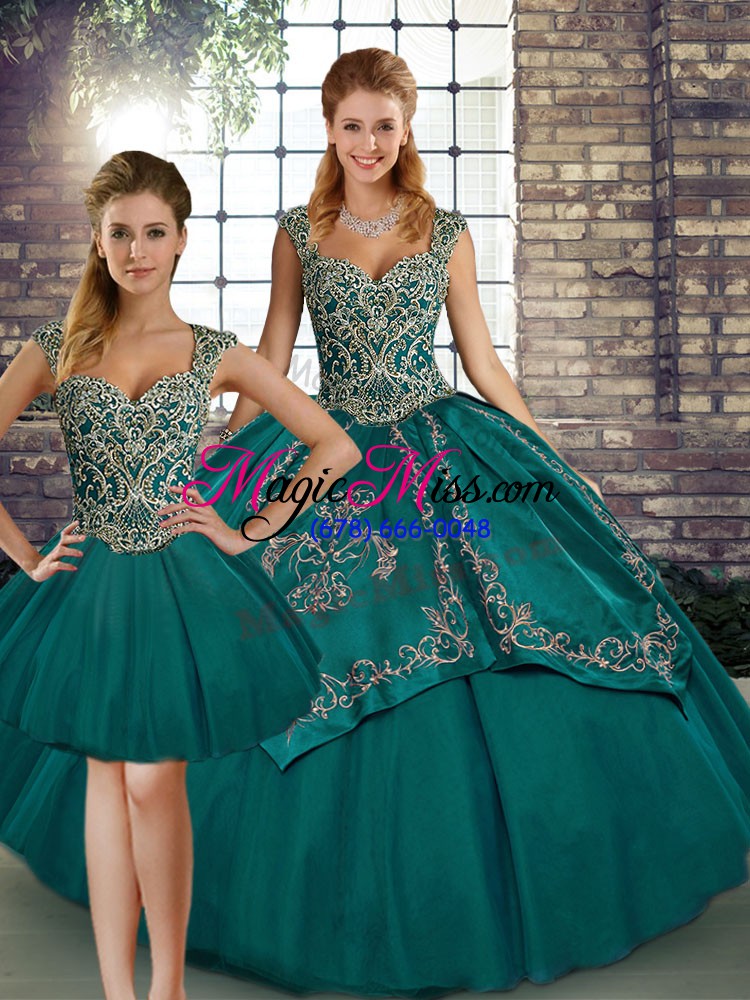 wholesale enchanting three pieces quinceanera gowns teal straps tulle sleeveless floor length lace up