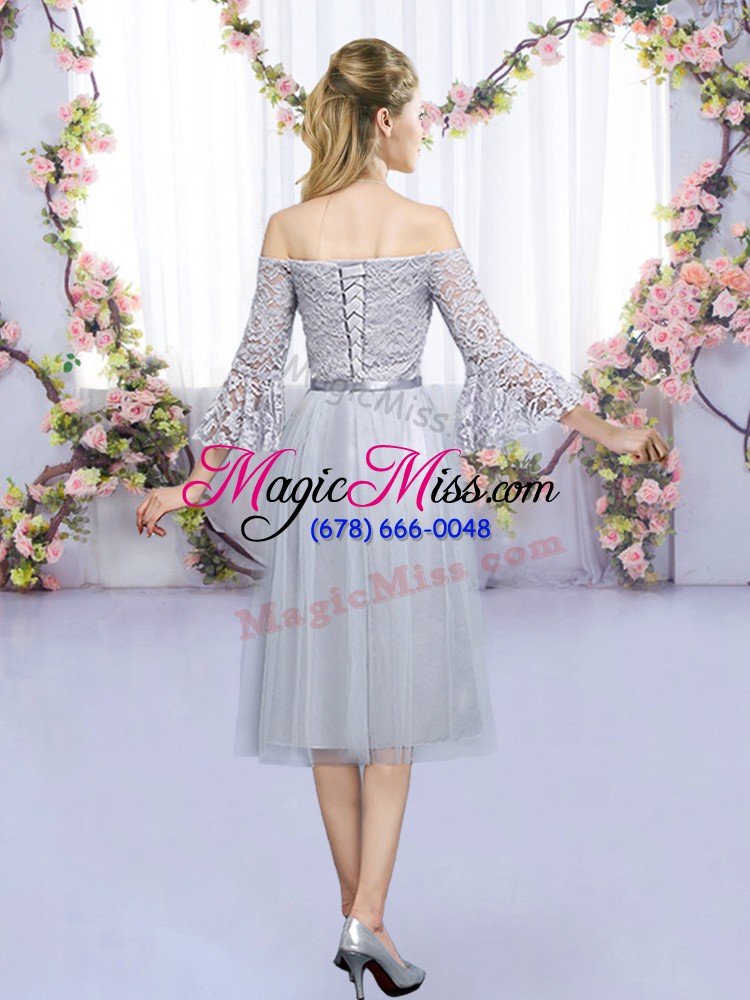 wholesale off the shoulder 3 4 length sleeve lace up vestidos de damas grey tulle