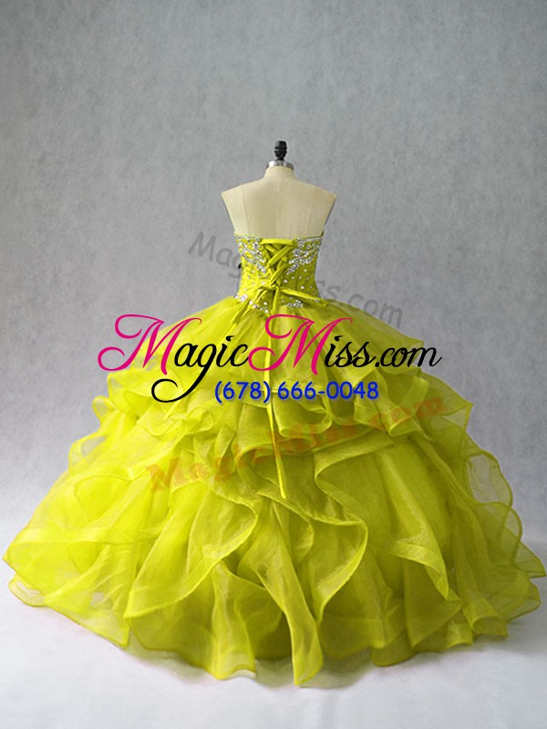 wholesale trendy organza sweetheart sleeveless lace up beading and ruffles quinceanera dress in yellow green