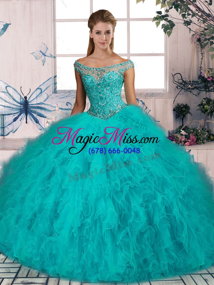 wholesale traditional aqua blue sleeveless beading and ruffles lace up quince ball gowns