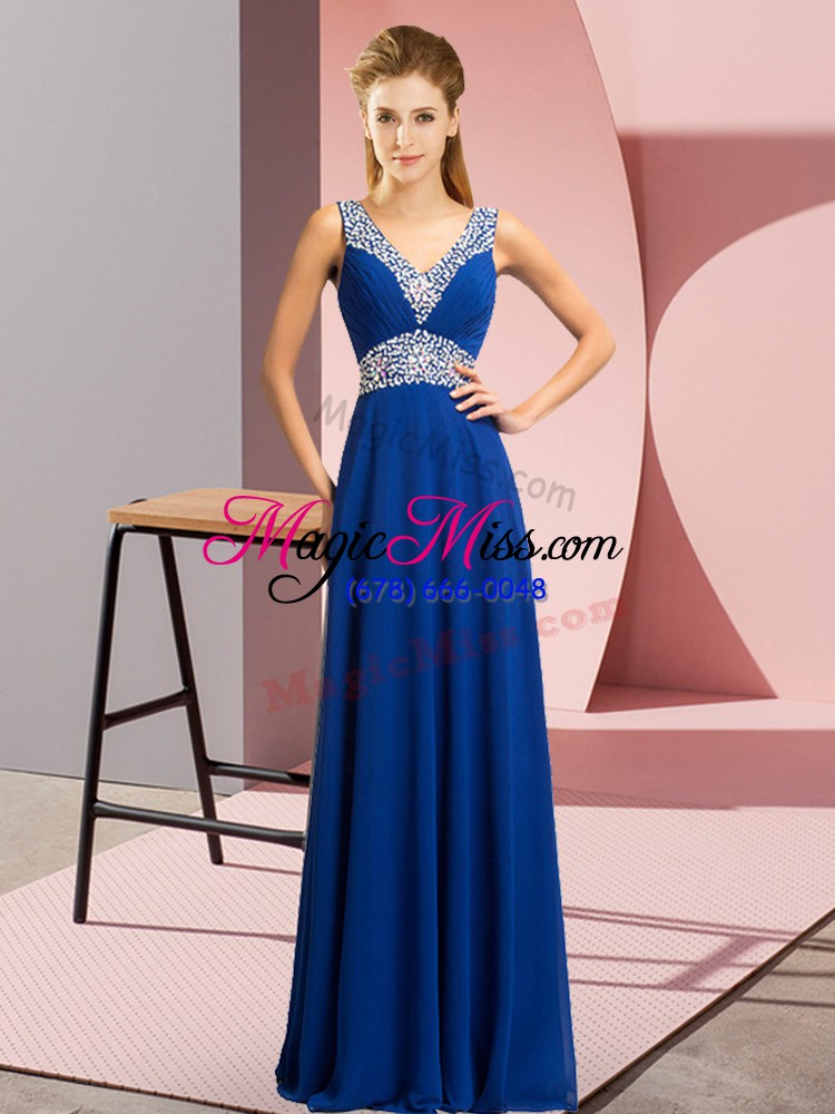 wholesale floor length royal blue prom dress chiffon sleeveless beading