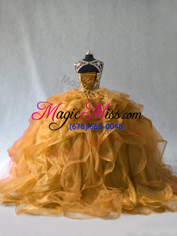 wholesale noble gold sleeveless floor length beading and ruffles lace up quince ball gowns
